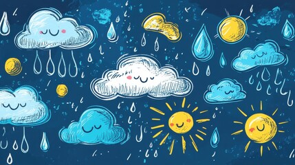 Wall Mural - whimsical clouds, sunshine, and raindrops on dark blue background