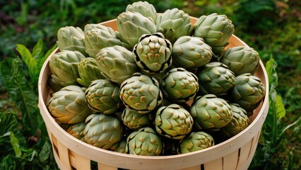 Sticker - Wooden basket overflowing with fresh green artichokes surrounded by lush greenery, showcasing natural textures and vibrant earth tones.