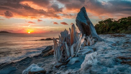 Wall Mural - Vibrant sunset over a rocky coastline features large crystalline formations with sharp edges in the foreground against orange and blue skies.