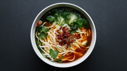 Canvas Print - Bowl of vibrant noodle soup with green bok choy and fresh herbs in a white bowl on a dark textured surface. Rich red broth and toppings.