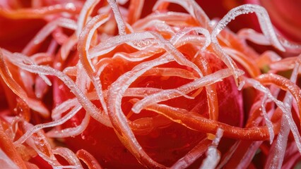 Sticker - Closeup of vibrant red tomato strands with translucent white sugar-like textures intricately layered against a blurred background of warm hues.