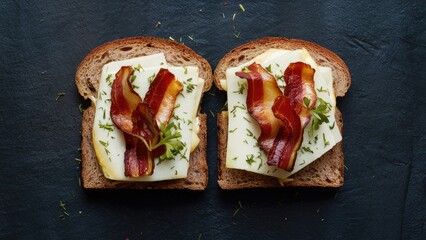 Wall Mural - Rye bread slices topped with creamy cheese, crispy bacon, and fresh herbs on a dark slate background showcasing rich brown and green colors.