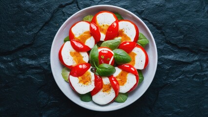 Wall Mural - Caprese salad featuring sliced tomatoes and mozzarella arranged in a circular pattern on a light bowl with green basil leaves on a dark stone surface