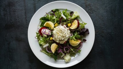 Wall Mural - Vibrant salad with mixed greens and colorful toppings on a round white plate centered against a dark textured background.