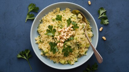 Sticker - Garlic couscous in a blue bowl, topped with pine nuts and parsley, surrounded by fresh parsley leaves on a dark blue background.