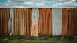 © StockKing - Rustic corrugated metal fence with orange and gray panels, set against a cloudy sky, grass in foreground, showcasing weathered textures and colors.