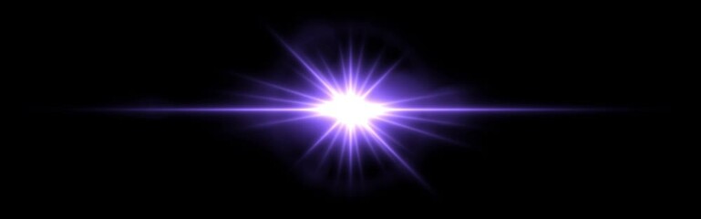Wall Mural - bright purple lens flare with radiating beams on a dark transparent background. horizontal glow effe