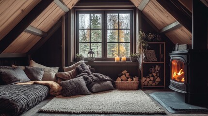 Sticker - Cozy attic living with high ceilings, a crackling wood stove, and soft pillows inviting relaxation by the window