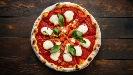 Sticker - Freshly baked margherita pizza with melted mozzarella, vibrant red tomato sauce, and fresh basil leaves on a rustic brown wooden table.