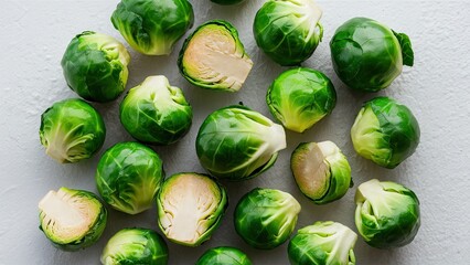 Sticker - Fresh green Brussels sprouts cut in half arranged neatly on a light grey textured background with natural lighting highlighting their vibrant colors