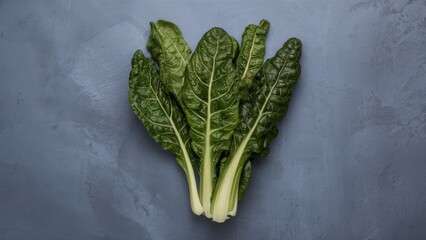 Sticker - Fresh green Swiss chard leaves arranged centrally on a textured gray background, symbolizing healthy vegan organic diets and fresh produce.