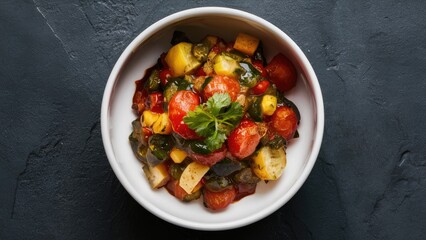 Wall Mural - Gourmet ratatouille presented in a small white bowl on a dark textured background featuring colorful vegetables with a garnish of fresh herbs.