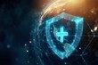 © HO - Global healthcare protection concept with glowing shield with cross symbol and Earth on dark blue