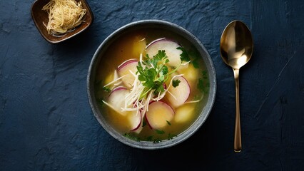 Canvas Print - Gourmet soup in a deep blue bowl with turnips, daikon radish, and garnished with cilantro and ginger beside a golden spoon on textured background