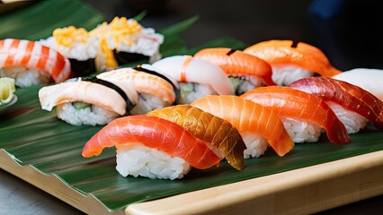 Wall Mural - Vibrant sushi selection arranged on a green leaf background featuring colorful nigiri and maki sushi with fresh ingredients on a wooden platter