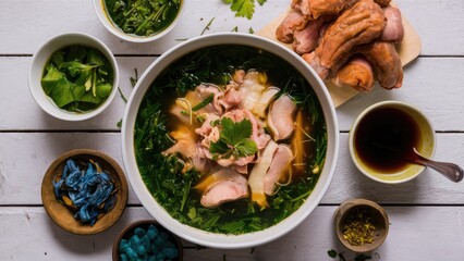 Canvas Print - Delicious bowl of Vietnamese pho with chicken breast and herbs on a white wooden table featuring green onions, blue flowers, and sauce on the side