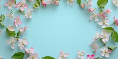 Fototapete - Circular frame of pink and white apple blossoms on soothing light blue background ideal for Women's Day celebration vibrant spring arrangement