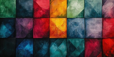 Poster - Colorful abstract canvas art featuring a grid of 20 blocks in vibrant hues of red, green, yellow, blue, and purple arranged neatly on a black background.