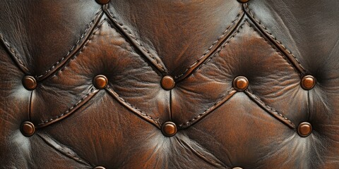 Poster - Textured brown leather background with prominent stitching and button details, creating a vintage, elegant aesthetic for design projects.