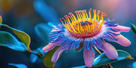 Wall Mural - Vibrant close-up of a unique flower in morning light showcasing intricate details with pink and blue hues surrounded by green leaves and soft bokeh background.