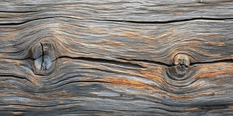 Aufkleber - Textured aged wooden surface with knots, featuring shades of gray and orange, displaying unique patterns and natural imperfections, horizontal orientation.