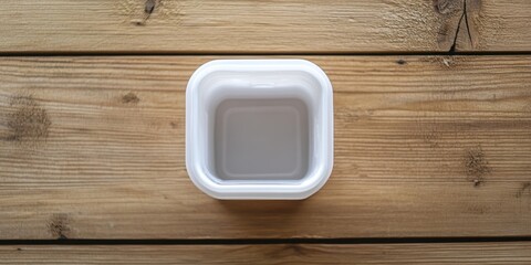 Poster - Aerial view of a square white plastic container with euro hole opening centered on a rustic wooden surface featuring warm brown tones and textures