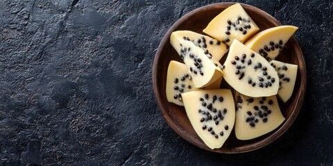 Poster - Cherimoya fruit slices displayed in a rustic wooden bowl on a dark textured surface with ample copy space on the left side for text or graphics