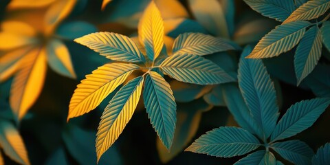Fototapete - Golden and teal leaves densely layered with contrasting colors in a soft focus background creating an enchanting nature scene.