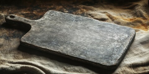 Aufkleber - Weathered grey wooden cutting board on rustic fabric background with muted tones, showcasing years of use and character in a vintage style.