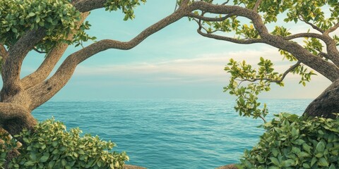 Fototapete - Tropical seascape framed by textured tree branches and lush green leaves against a serene blue ocean with soft clouded sky in background