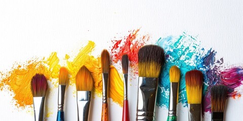 Aufkleber - Colorful collection of paintbrushes arranged in a line atop vibrant paint swatches in yellow, orange, and blue against a white canvas background.