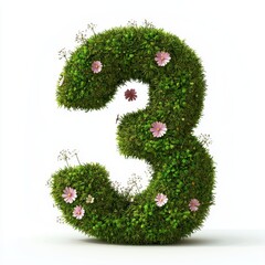 Sticker - Number 3 made of lush green moss with tiny blooming flowers isolated on a clean white background