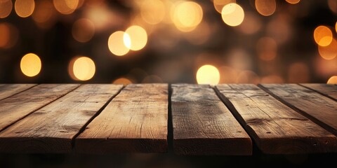 Poster - Wooden table surface in the foreground, blurred golden bokeh lights in the background, warm tones, inviting ambiance, suitable for festive themes.