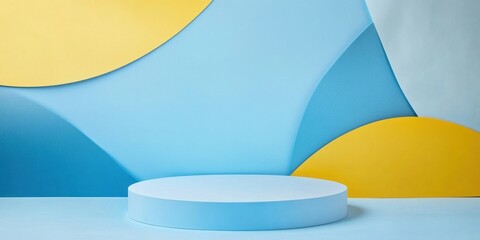 Poster - Light blue round podium on a minimalistic geometric background with shades of blue and yellow paper cut elements creating an abstract scene.