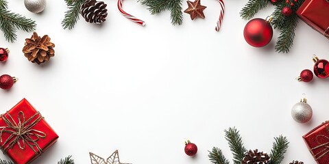 Poster - Christmas-themed flat lay with red and gold ornaments, pine cones, and evergreen branches on a white background, creating a festive border.