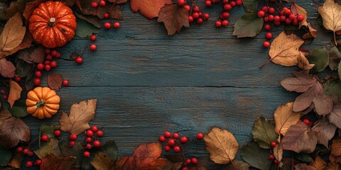 Aufkleber - Autumn leaves in various shades of brown and orange, framed with red rose hips berries and a small pumpkin on a dark wooden background.