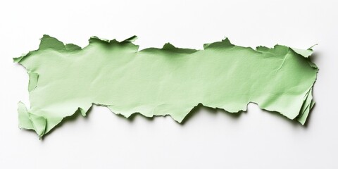 Fototapete - Torn green paper strip with jagged edges on a clean white background creating a contrast between vibrant color and minimalist style.