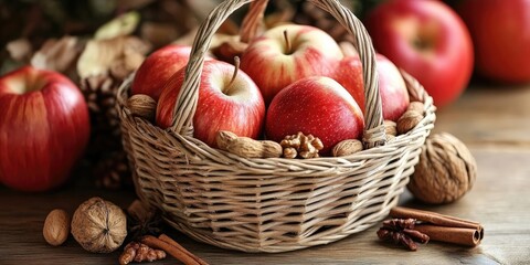 Poster - Basket filled with red apples walnuts and cinnamon sticks on rustic wooden surface surrounded by pine cones and additional apples in background
