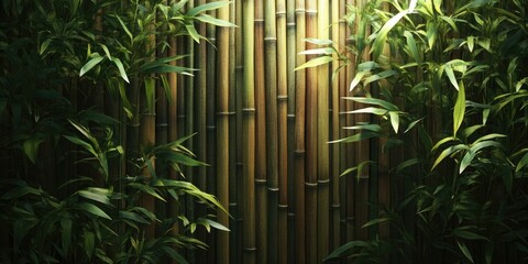 Poster - Bamboo backdrop with lush green leaves framed by tall bamboo stalks in a natural gradient of green and brown tones illuminated softly from the center