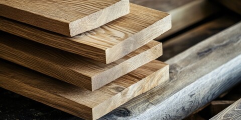 Aufkleber - Natural oak wood planks stacked at various angles showcasing grains and textures in warm brown tones against a rustic wooden backdrop.