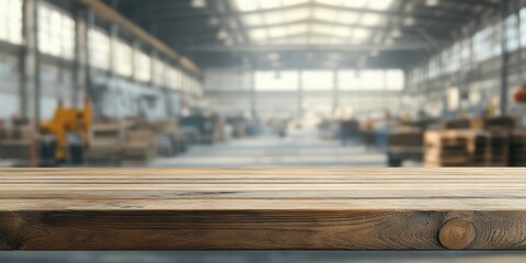 Wall Mural - Wooden tabletop with ample copy space in foreground against a blurred factory warehouse backdrop featuring soft sunlight and industrial elements.