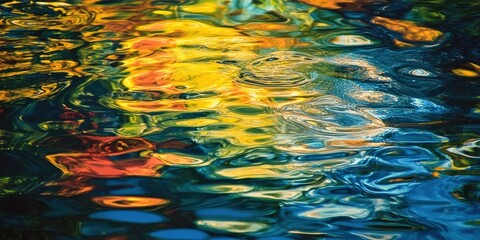 Aufkleber - Vibrant colorful reflections in water creating an abstract texture in a swamp with shades of blue, yellow, orange and green rippling surface