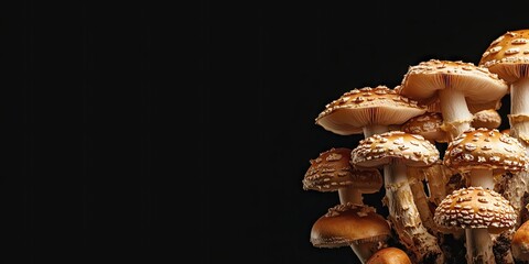 Poster - Mushrooms cluster on black backdrop with varying shades of brown and beige caps positioned on the right side creating a natural organic aesthetic.