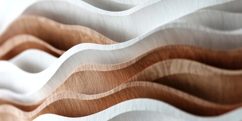 Leinwandbilder - Timber and white wave pattern design featuring overlapping wood textures with smooth curves in light brown and white tones arranged horizontally.
