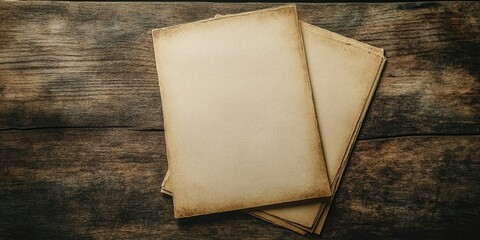 Aufkleber - Old weathered blank parchment sheets stacked on a rustic wooden table background, showcasing vintage aesthetics with warm earthy tones.