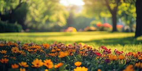 Fototapete - Vibrant flower garden with orange and pink blooms in foreground, lush green grass and trees bathed in warm sunlight in serene park setting