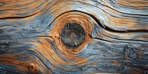 Aufkleber - Textured wooden background featuring swirling patterns and rich orange-brown hues with a prominent knot in the center against a rustic appearance.
