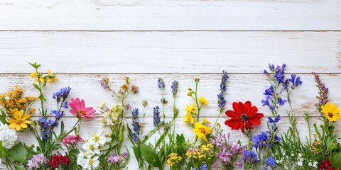 Fototapete - Colorful wildflowers arranged in a vibrant horizontal line against a white wooden background showcasing pink, red, yellow, purple, and blue hues.