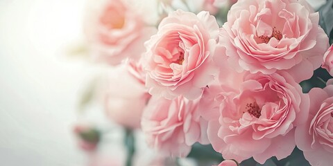 Poster - Soft pink roses in lush arrangement with varying shades on a light pastel backdrop, perfect for text placement and cheerful sentiment.