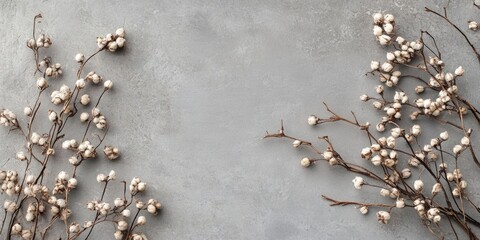 Poster - Delicate white berry branches arranged on a textured gray background creating a serene and natural minimalist aesthetic.